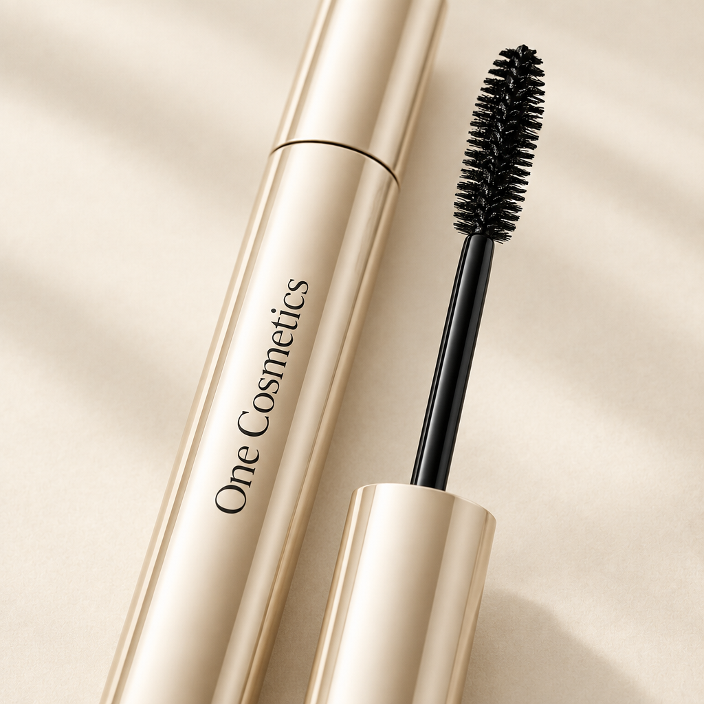 Illustrative close-up of One Cosmetics mascara tube and wand