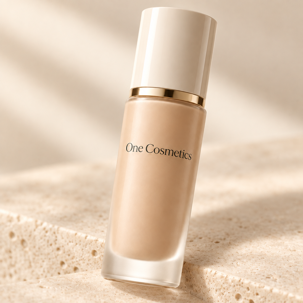 Illustrative angled One Cosmetics foundation bottle on a warm neutral surface