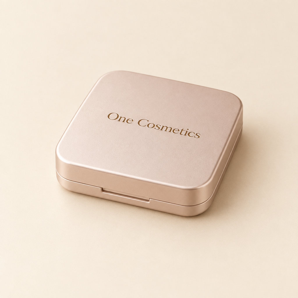 Illustrative closed One Cosmetics blush compact on a warm ivory background