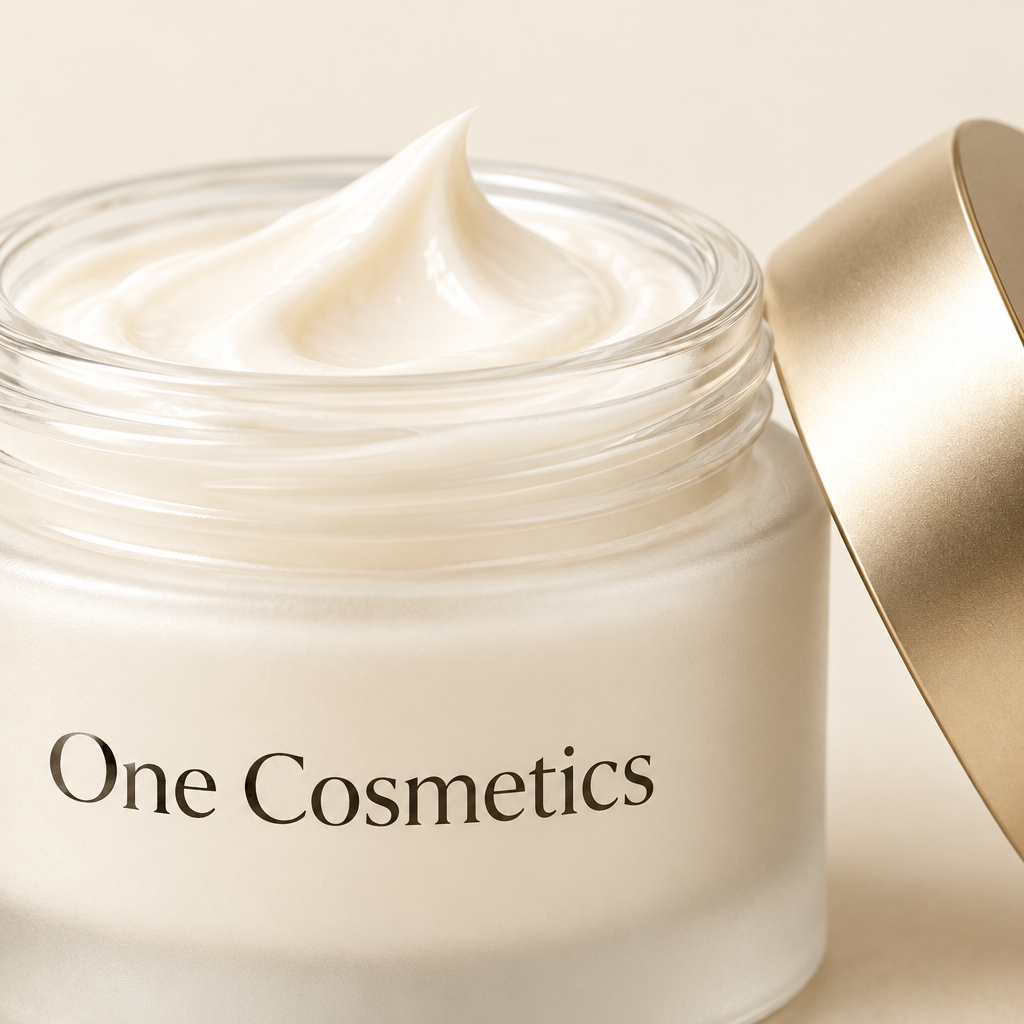 Illustrative close-up of cream in open One Cosmetics moisturizer jar