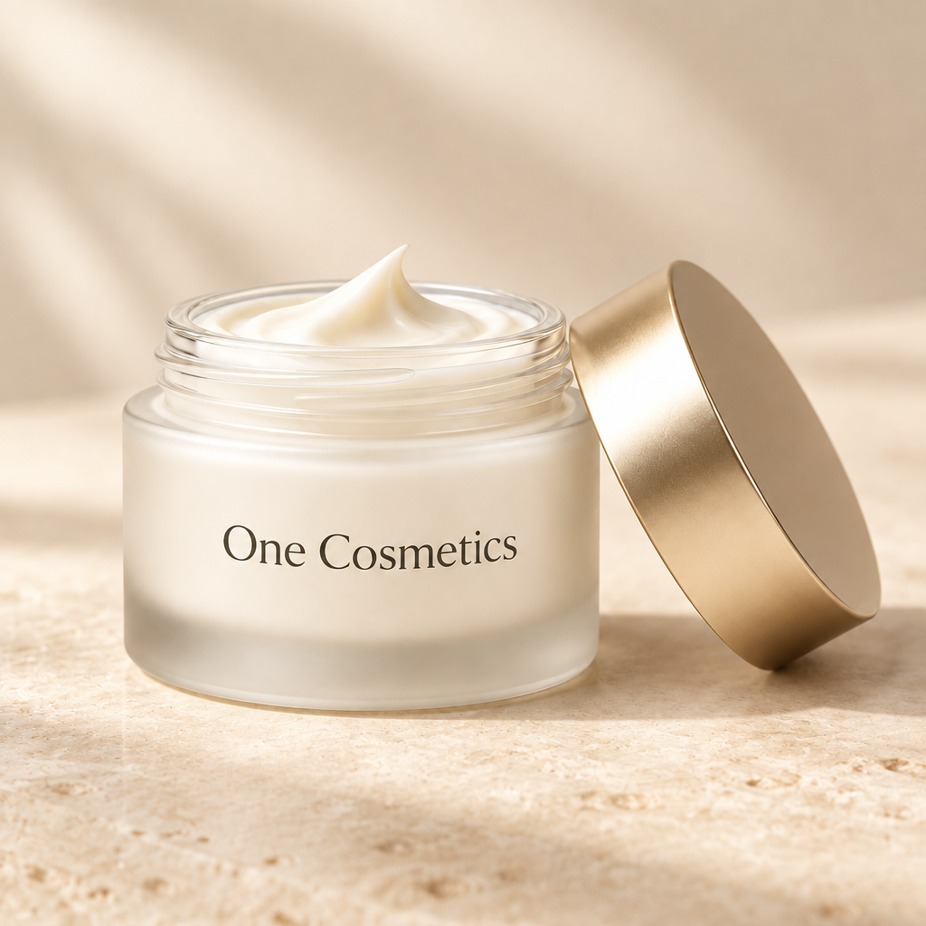 Illustrative open One Cosmetics moisturizer jar with lid beside it
