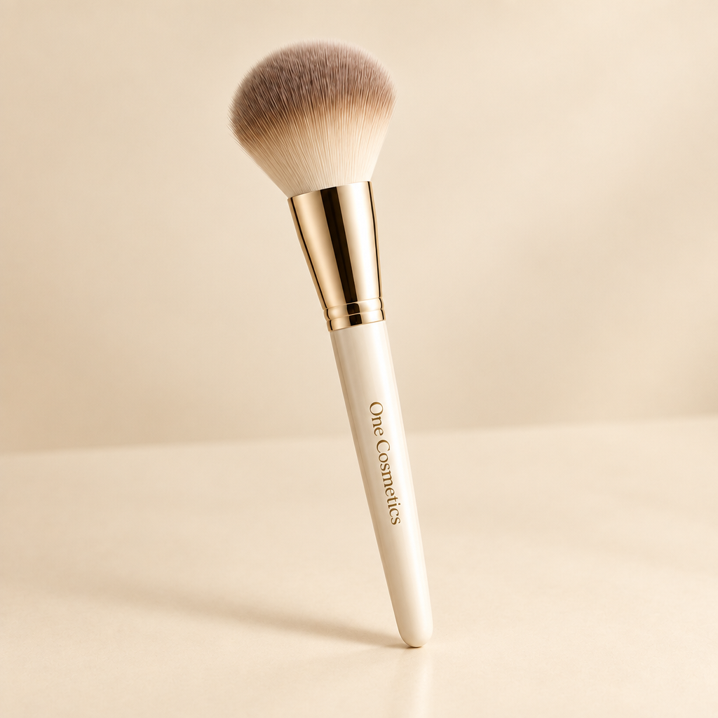 Illustrative One Cosmetics makeup brush at an angle on an ivory background