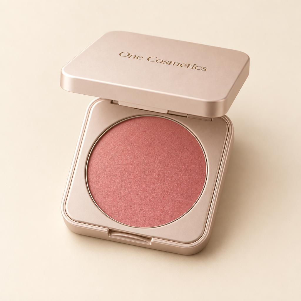 Illustrative open One Cosmetics blush compact viewed at an angle