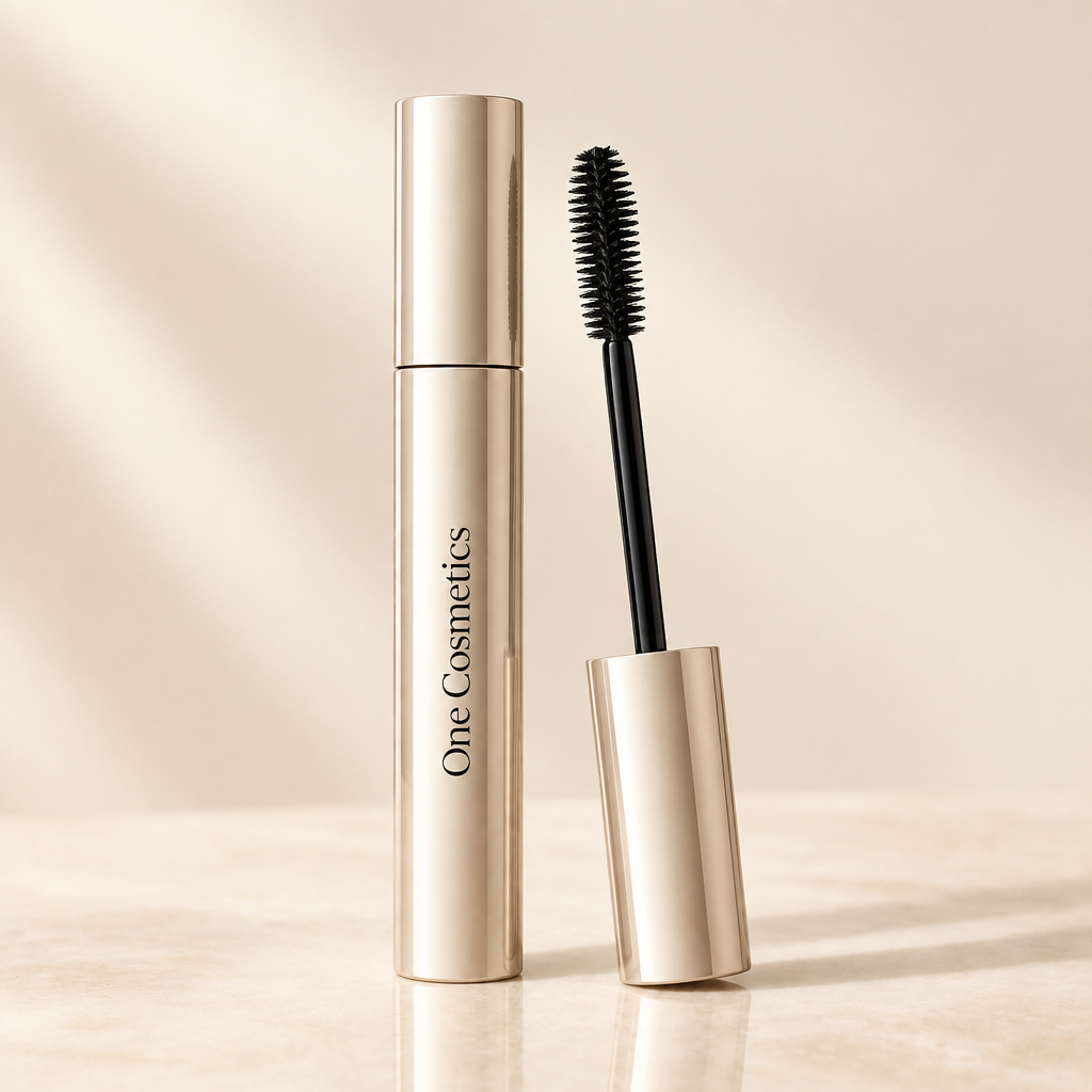Illustrative One Cosmetics mascara tube and wand on a warm neutral background