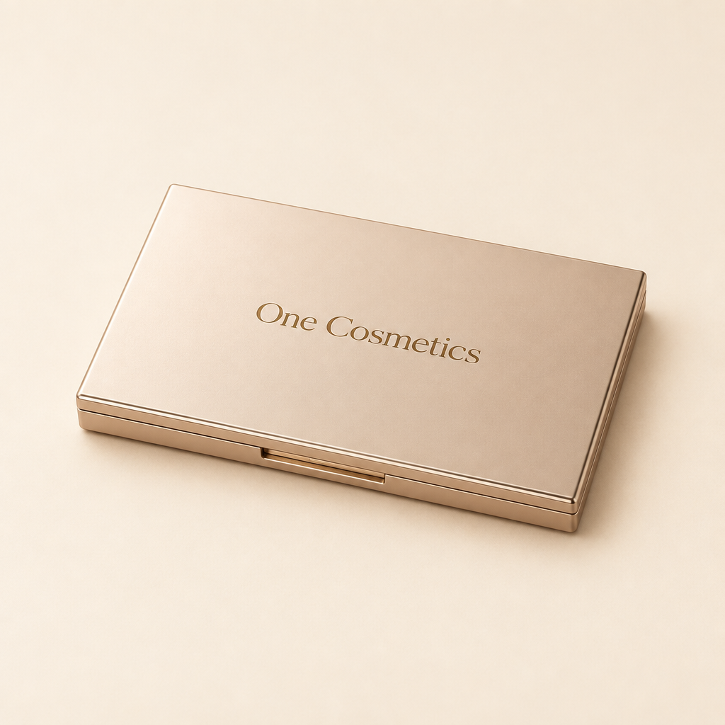 Illustrative closed One Cosmetics eyeshadow palette on ivory background