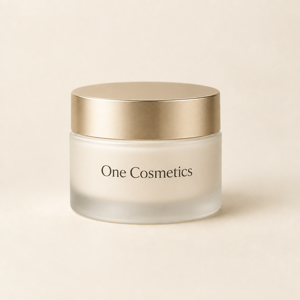 Illustrative closed One Cosmetics moisturizer jar on ivory background