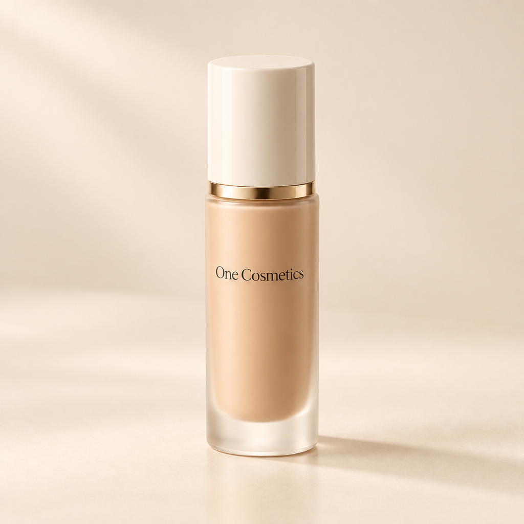 Illustrative One Cosmetics foundation bottle with white cap and gold trim