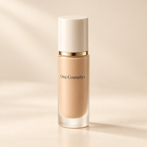 Illustrative One Cosmetics foundation bottle with white cap and gold trim