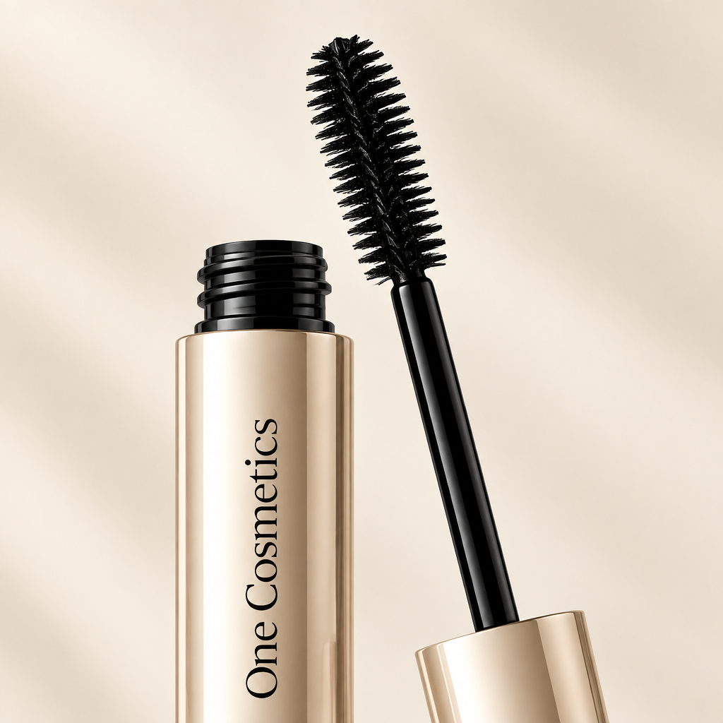 Illustrative close-up of an open One Cosmetics mascara tube and wand
