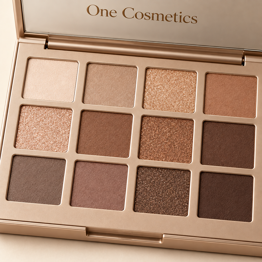 Illustrative close-up of twelve neutral eyeshadow pans in an open One Cosmetics palette