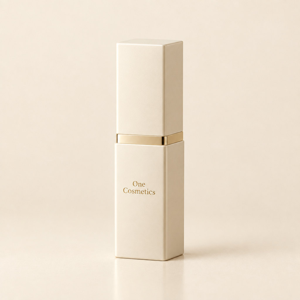 Illustrative closed One Cosmetics lipstick in ivory square case