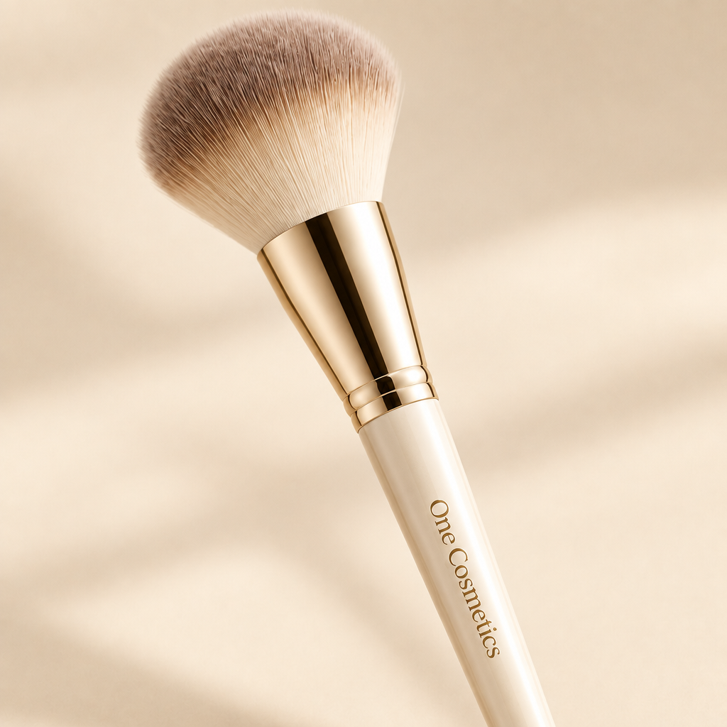 Illustrative close-up of One Cosmetics makeup brush bristles and handle