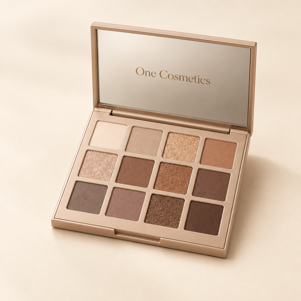 Illustrative open twelve-pan One Cosmetics eyeshadow palette at an angle