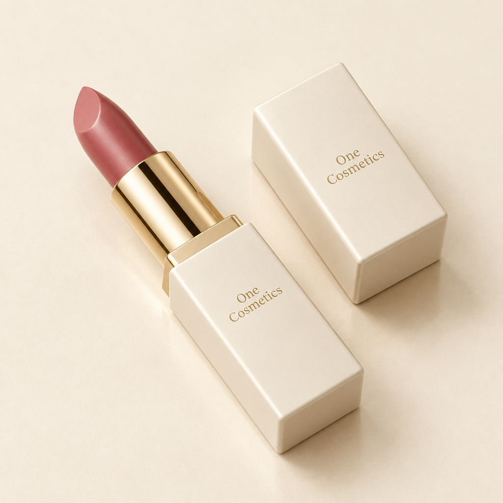 Illustrative open dusty-rose One Cosmetics lipstick lying diagonally with cap beside it